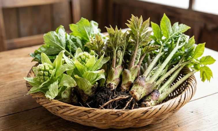 採れたてで土や水滴がついた新鮮なふきのとう、たらのめ、うどがカゴに盛られた写真。